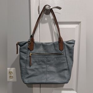 Fossil Blue Gray Fiona Tote with Brown Accents